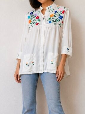 Vintage Embroidered Babydoll Tunic Blouse Floral Cottagecore Folk Top L